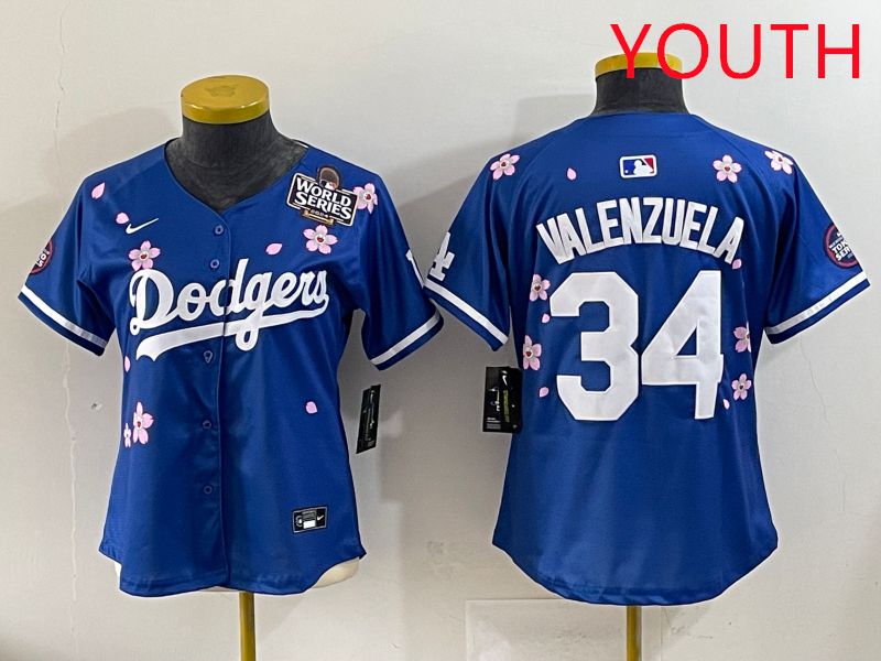 Youth Los Angeles Dodgers 34 Valenzuela Blue Sakura Edition 2025 Nike MLB Jersey style 36